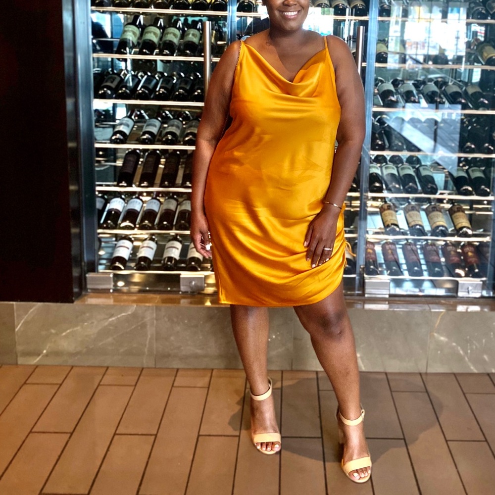 Satin High-Low Cowl Neck Dress